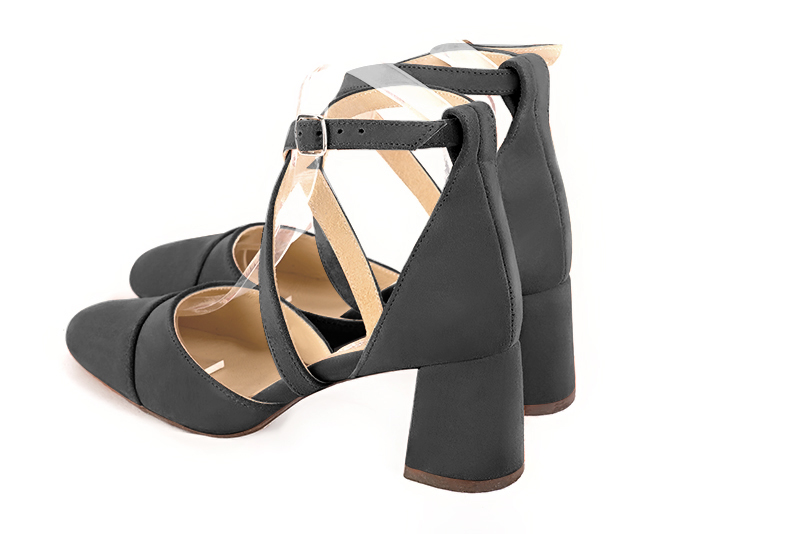 Dark grey women's open side shoes, with crossed straps. Round toe. Medium flare heels. Rear view - Florence KOOIJMAN